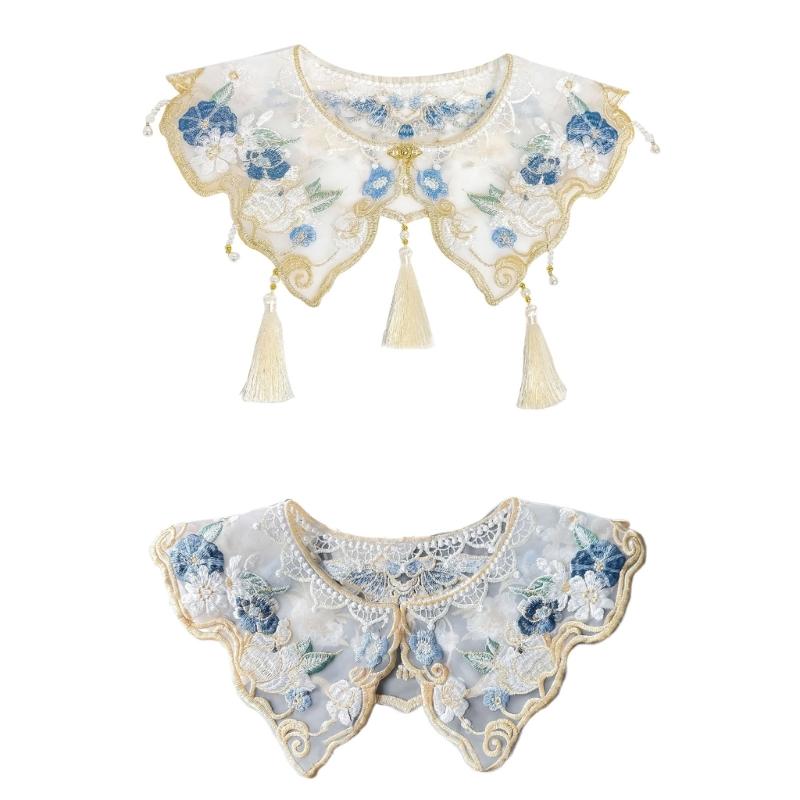 Embroidery Flower Capelet Women Girl Pearl Tassels Yunjian Shawl False Collar