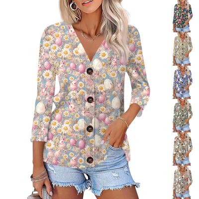 Damesmode Casual Print Knopen Blouse 3/4 Mouw Tops