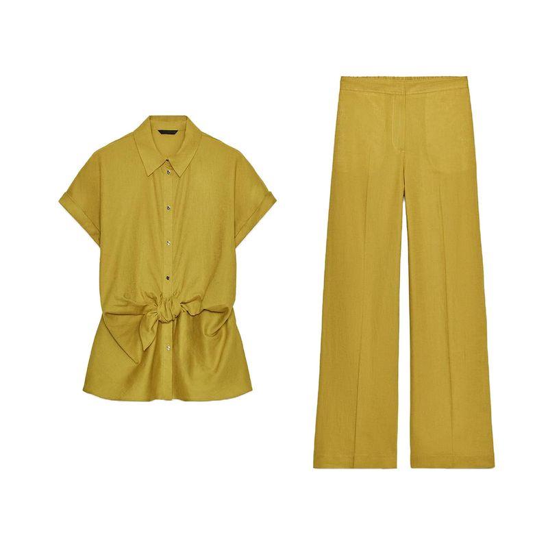 Flip Collar Short Sleeve Linen Blend Bow Tie Shirt 8138389 High Waist Straight-leg Casual Pants 8632389