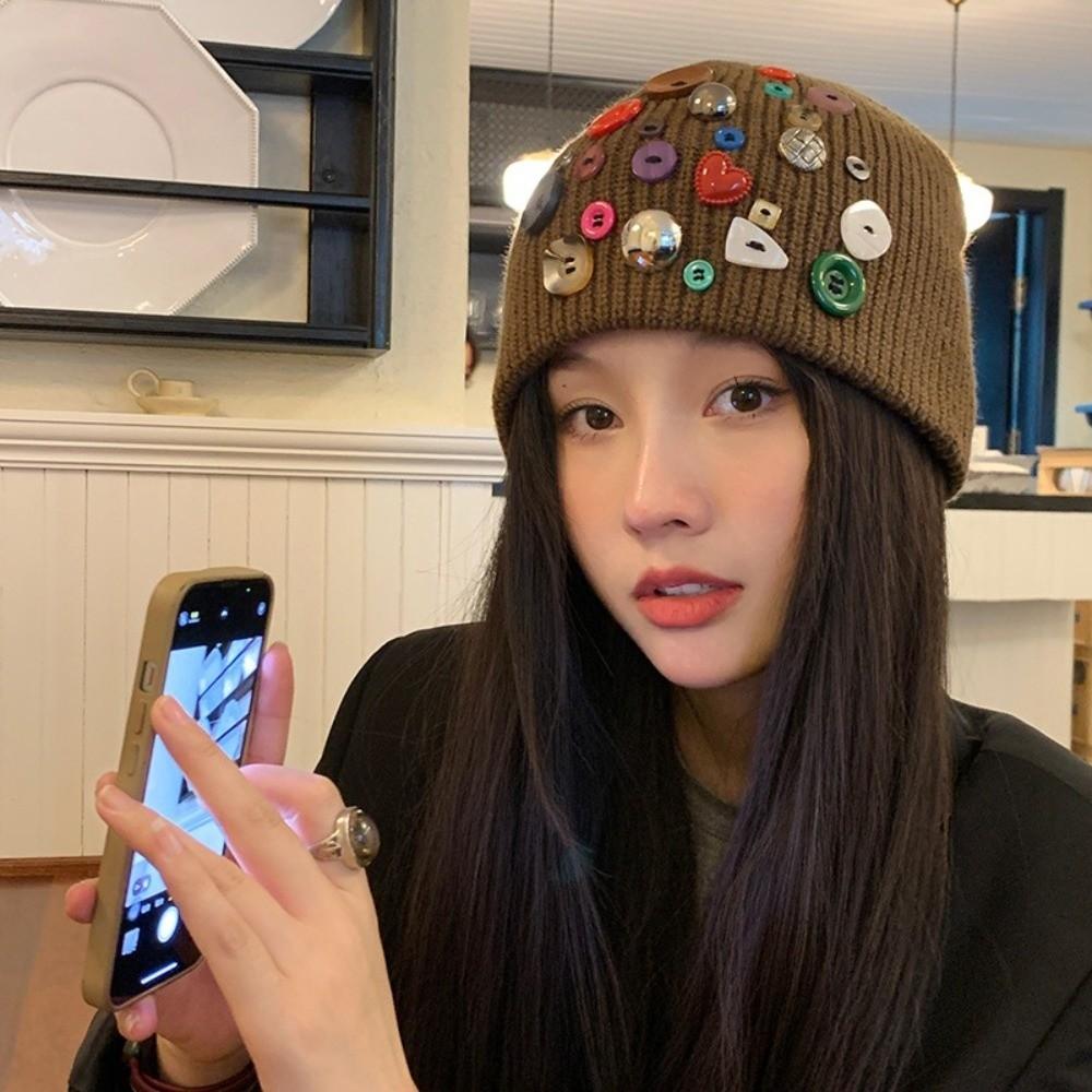 Colorful Button Beanie Hat Cuffed Personality Cold Cap Fashion Knitted Hat