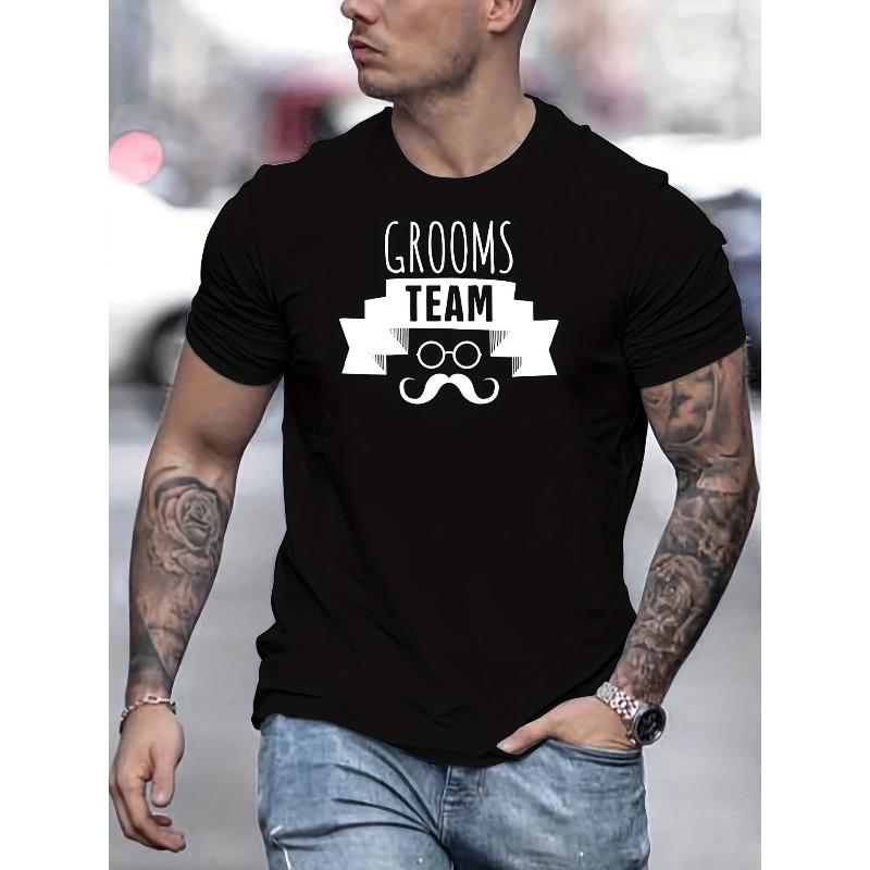 European Size Grooms Team Text Pattern Men's T-shirt, Casual Male Clothing For Summer Outdoor