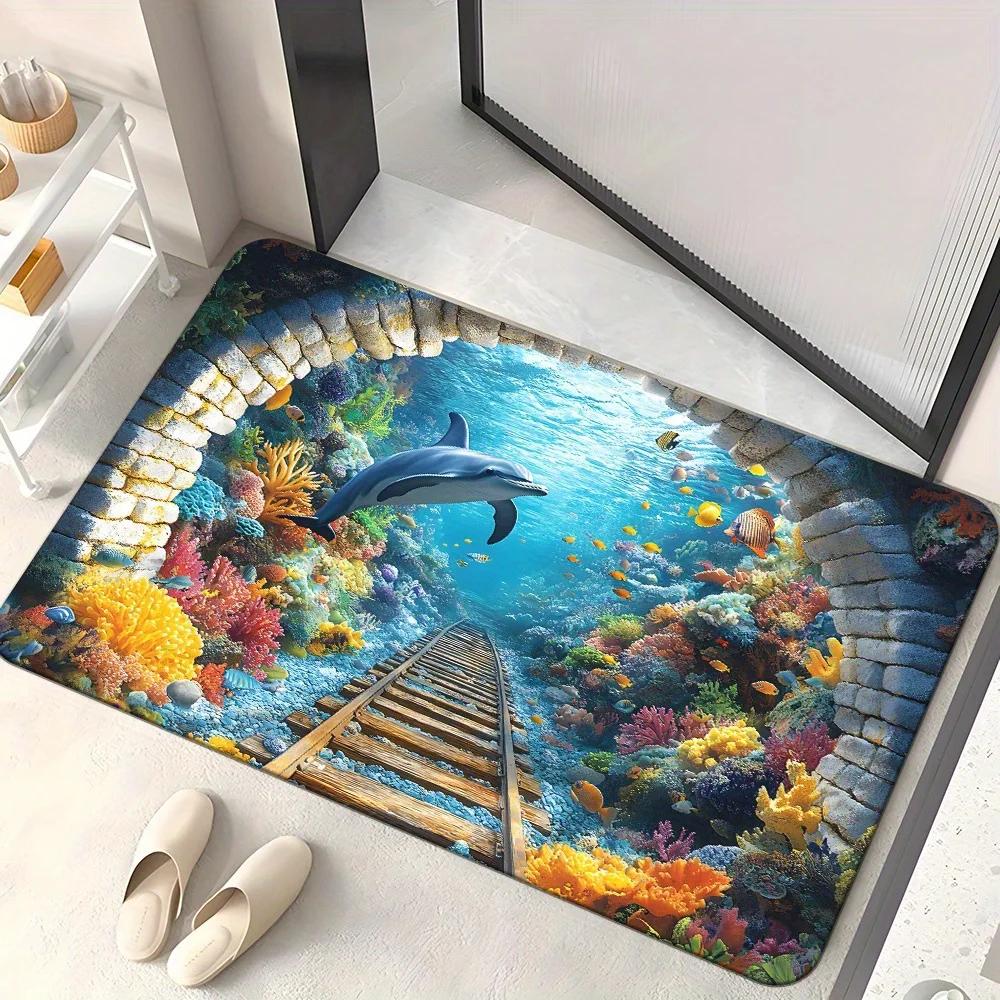 3D Stereo Effect Realistic Underwater Koi Fish Ice Cave Visual Illusion Carpet Mat Rug Home Decoration Soft Non-slip Bathroom