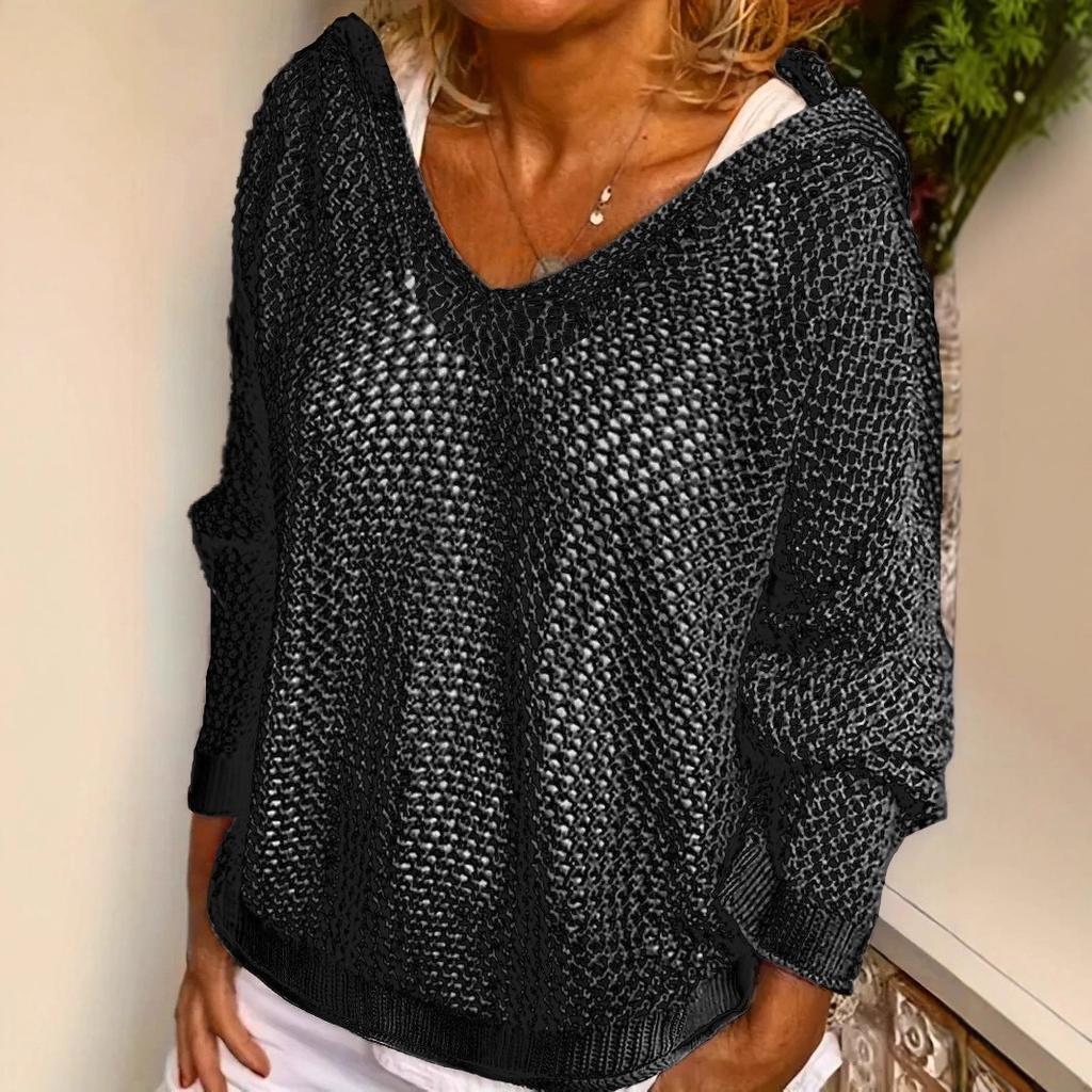 Yellow Loose V Neck Hooded Mesh Knit Top