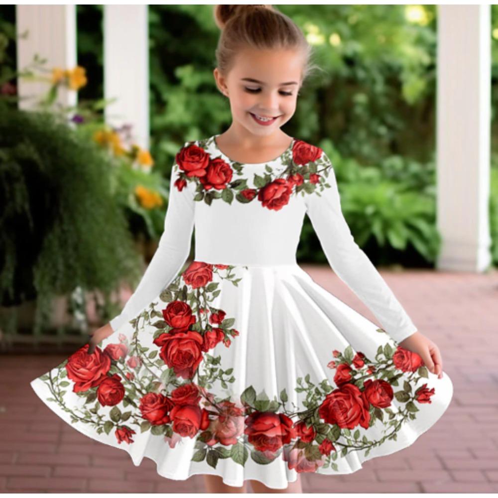 Girl Casual 3D Lavender Rose Print Round Neck Long Sleeve Dress Kid Princess Dress