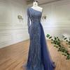 Blue one-shoulder long-sleeved feather fishtail long dress light luxury temperament celebrity banquet officiating dress LA11189