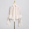 Women's High Neck Blouse with Puff Sleeves and Drawstring Hem