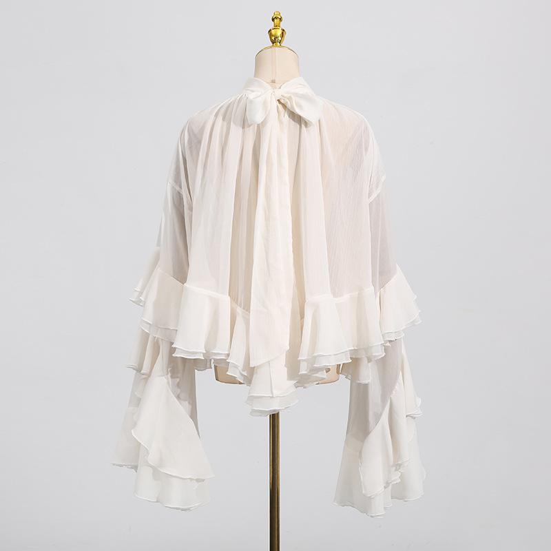 Women's High Neck Blouse with Puff Sleeves and Drawstring Hem