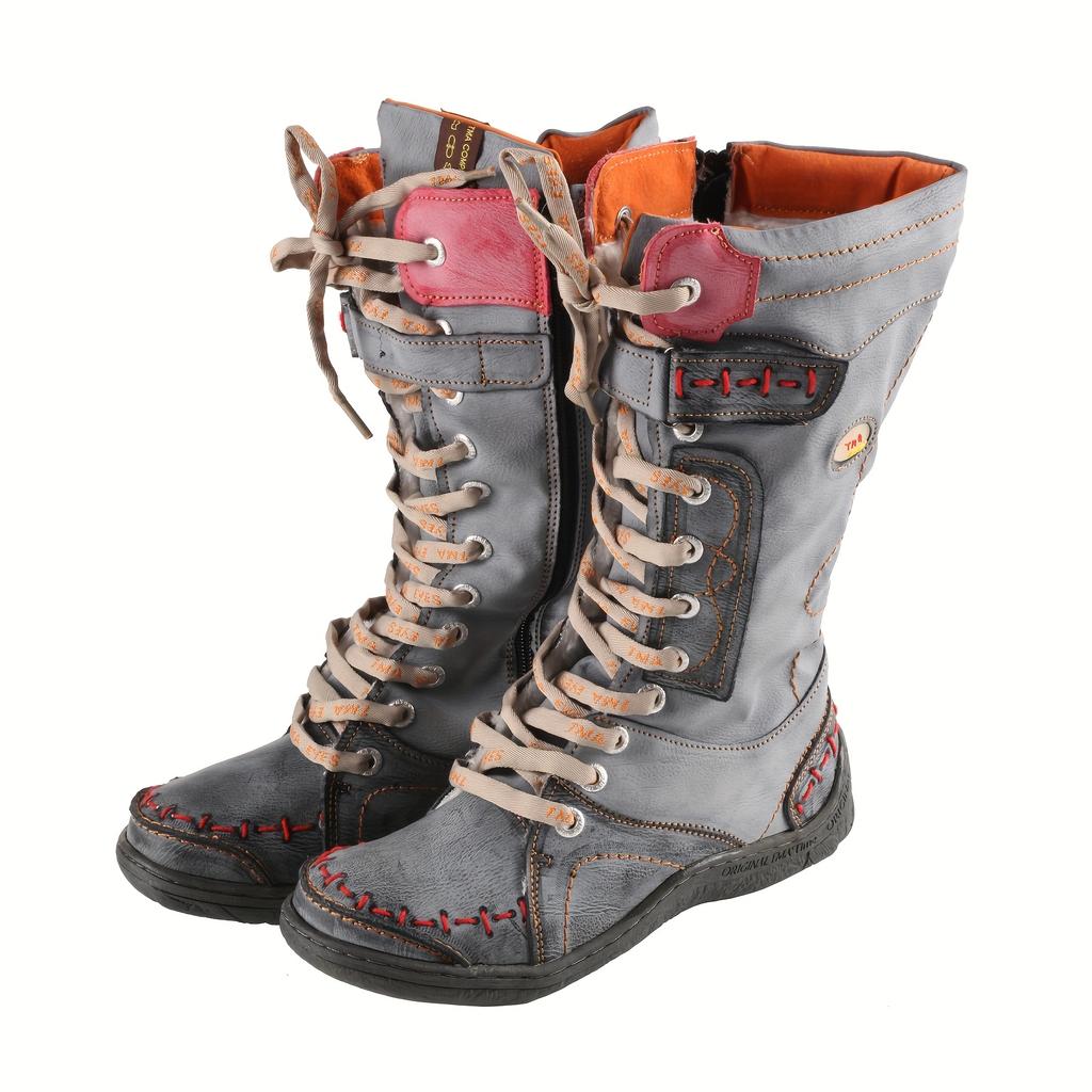 Botas de Neve de Inverno Femininas com Cadarço e Zíper Lateral, Botas Espessadas para Exterior, Cabedal em Couro Bovino Dividido e Microfibra, Interior em Couro Suíno Dividido, Solado em TPR