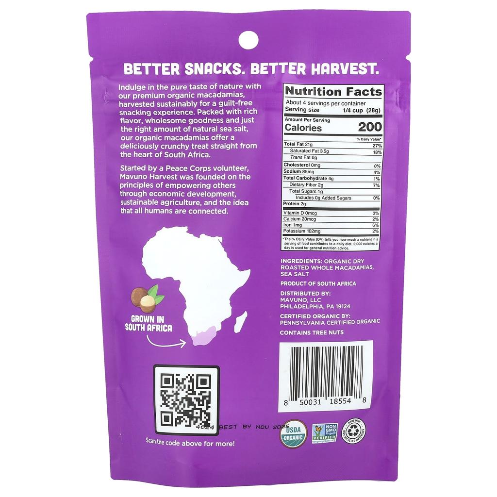 Mavuno Harvest, Bio-Macadamias, geröstet mit Meersalz, 112g (4 Unzen)