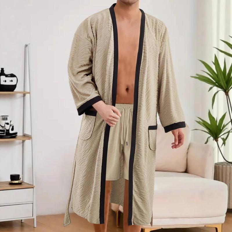 25 Years Men's Long Jacquard Soft Plain Belt Men's Bath Gown Loose and Comfortable Home Clothes