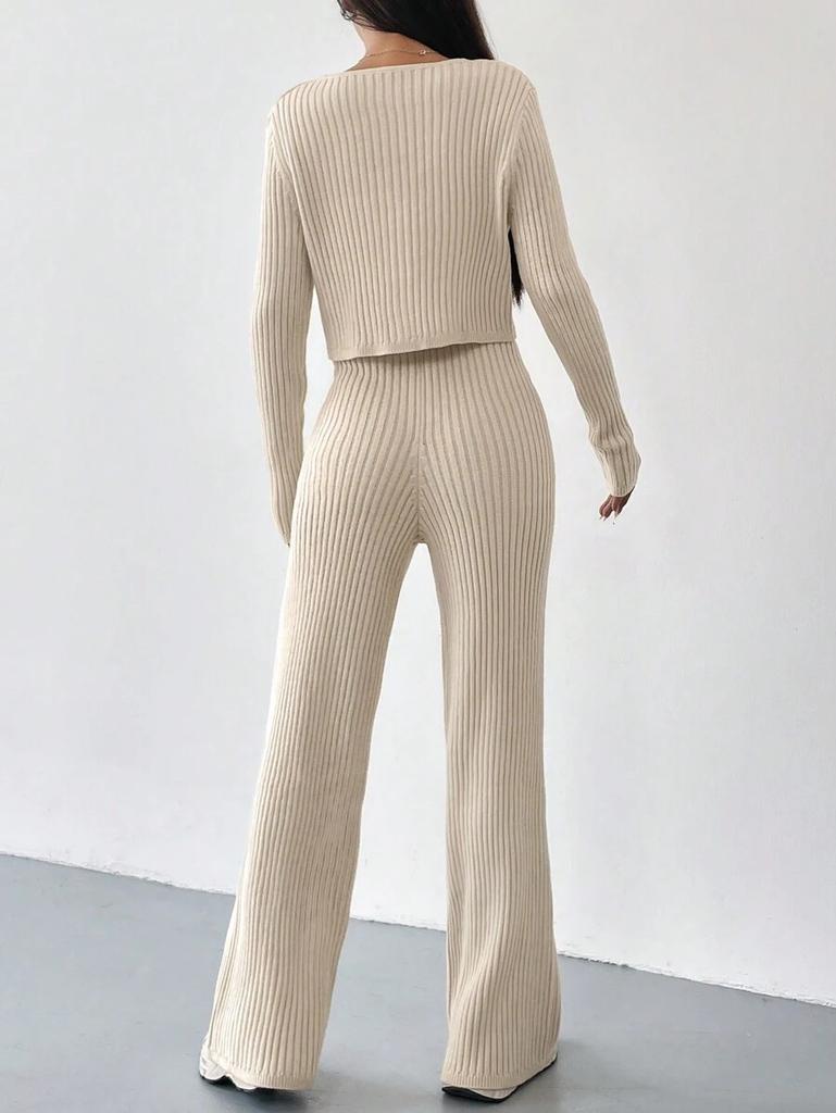 Solid Color Two-Piece V-Neck Short Knitted Cardigan Flared Pants