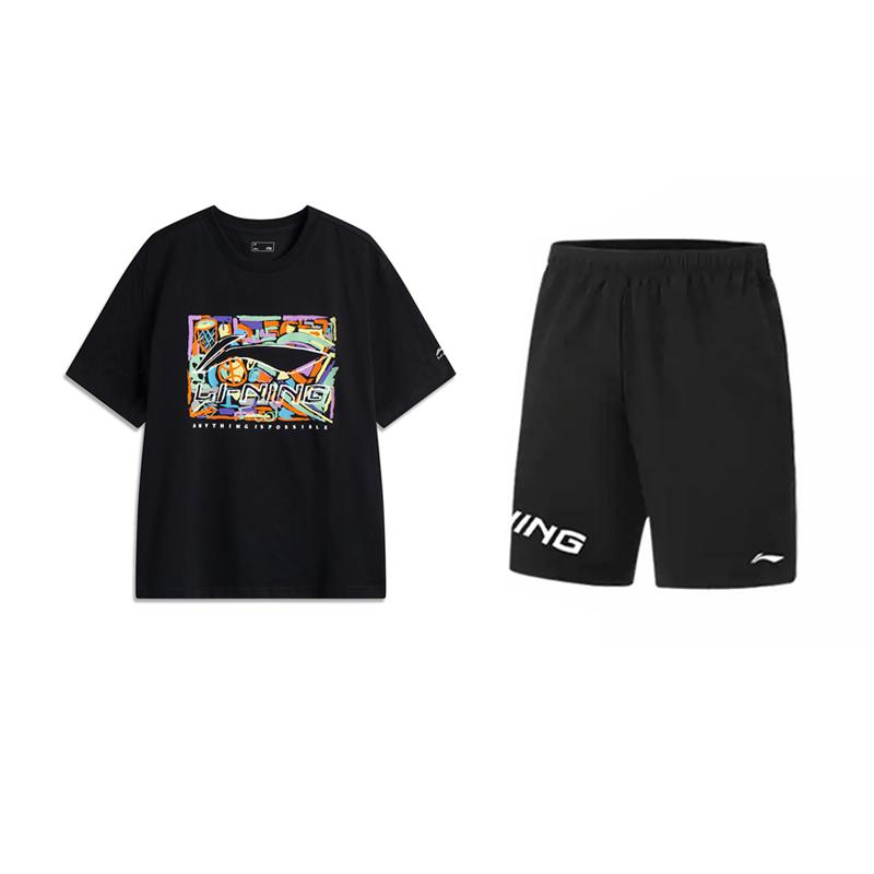 Li-Ning Fashionable Versatile Sweat-Absorbing Breathable Casual Sports Suit Unisex Suit Black AHSV291-2+YKSV113-1