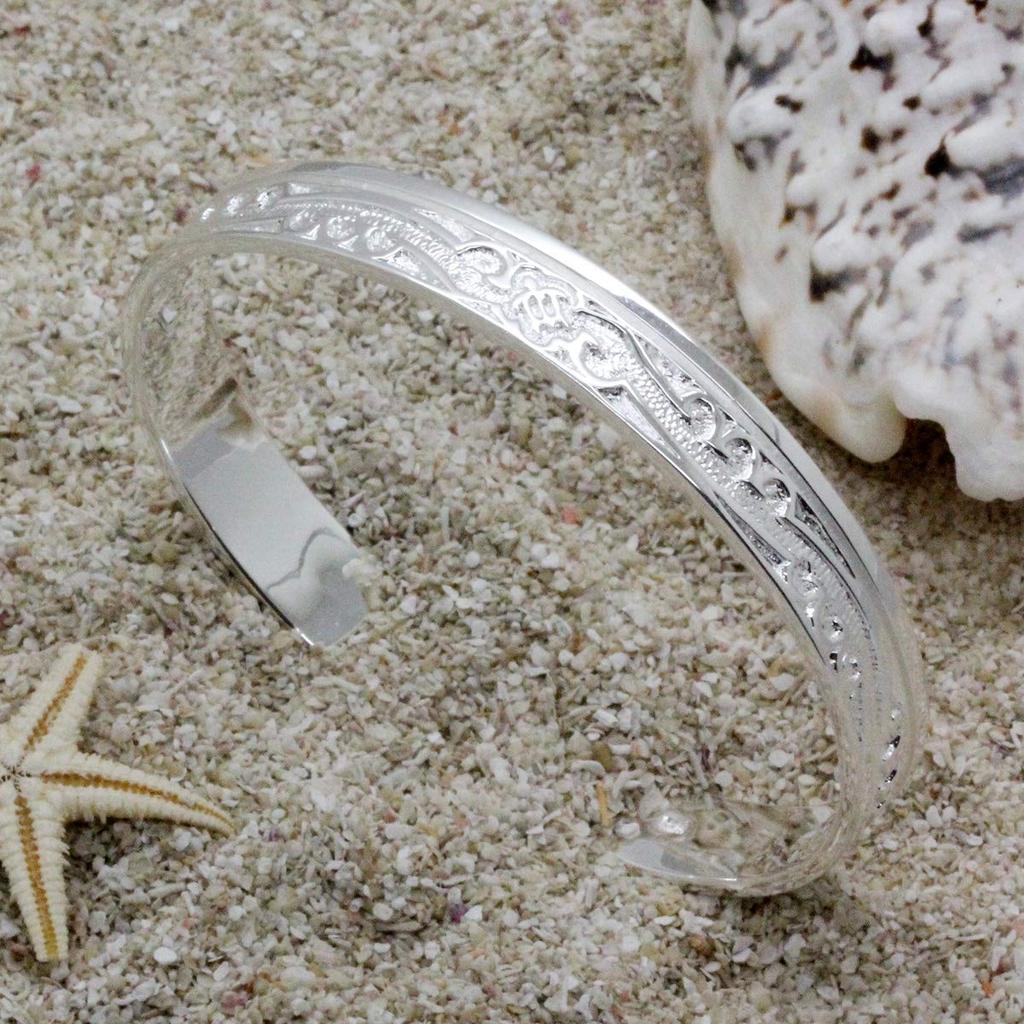 Hawaiian Jewelry Silver Honu Turtle [Ishiki] Bangle, 925, Bracelet, Scroll, Wave, [790svb]
