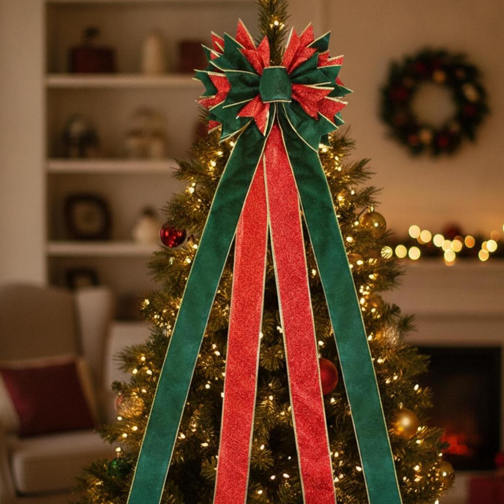 Holiday Ornament Oversized Large Tree-Top Bow with Hanging Ribbon Tails Festive
