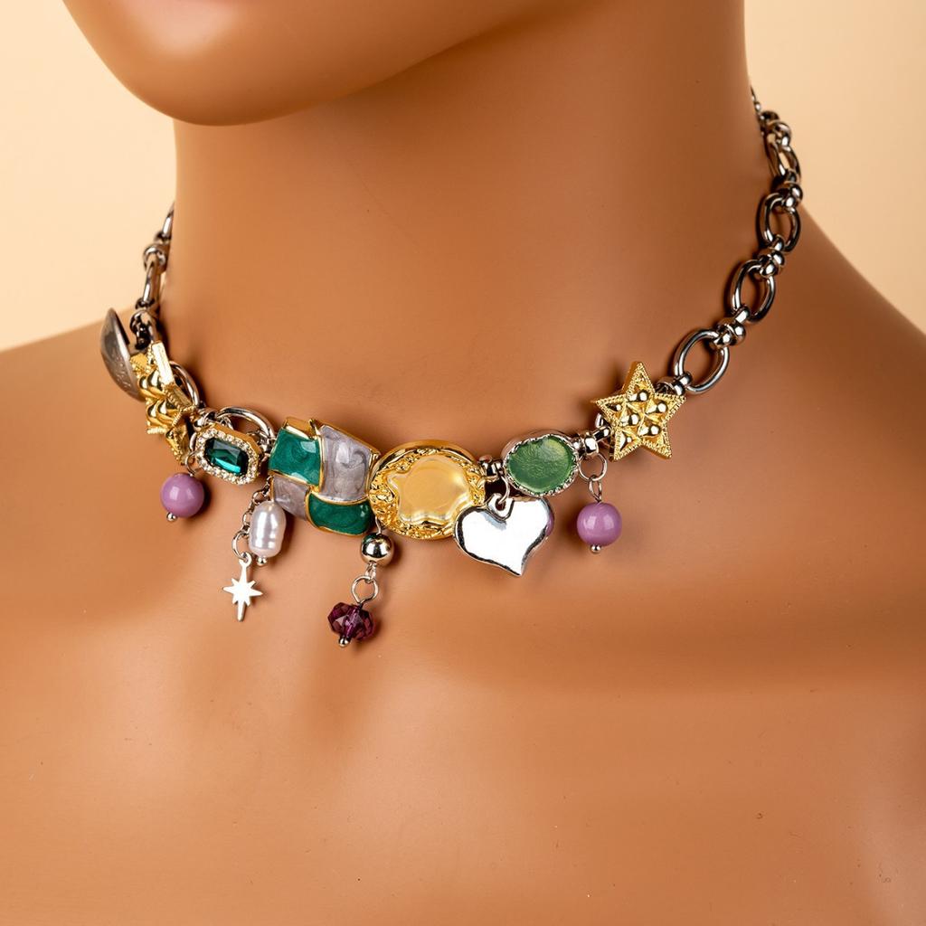 Punk Sweet Cool Wind Metal Heavy Industry Enamel Color Pentagram Multi-pendant Collarbone Chain Necklace