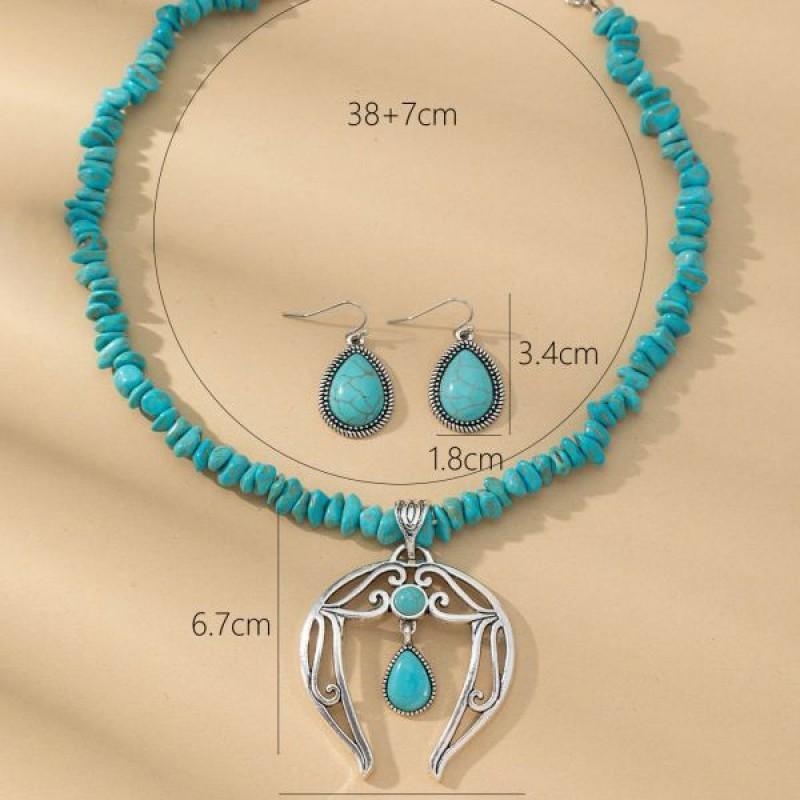 Vintage Turquoise Drop Necklace Earring Set Bohemian Retro Alloy Jewelry Women Men Water Wave Chain