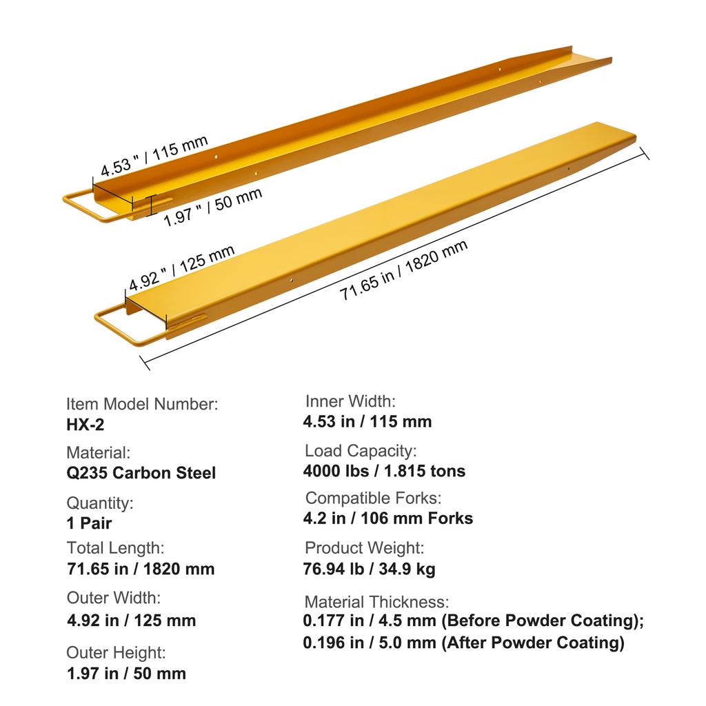 SucceBuy Pallet Fork Extensions Heavy Carbon Steel Fork Extensions 1 Pair Fork Attachments for Forklift Truck Yellow 4000 Lbs