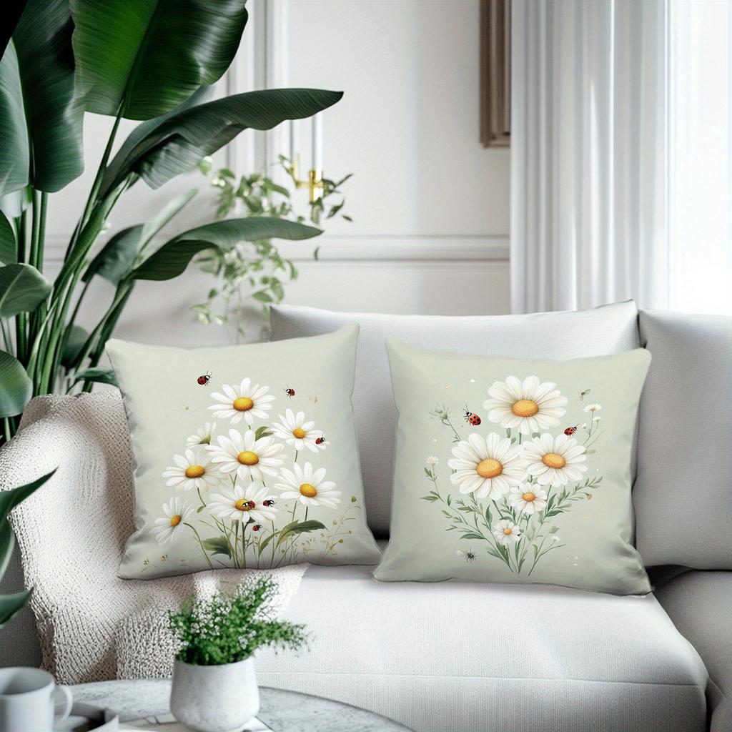 4 Pack Cushion Covers 45X45Cm Botanical Daisy Print With Ladybirds And Insects On Soft Sage Green For Living Room Decor