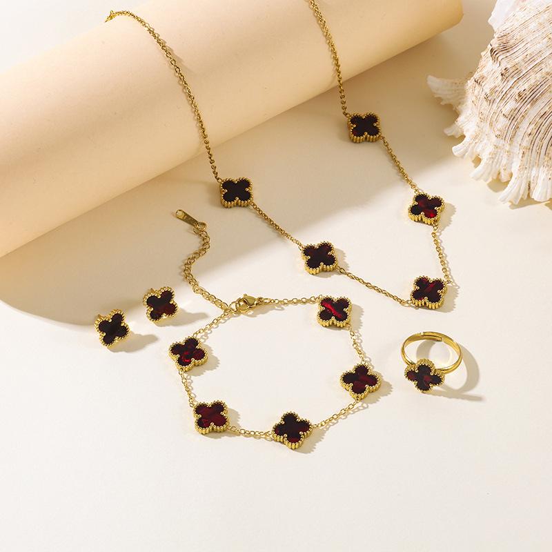4pcs Four-Leaf Clover Four-Piece Set Including Necklace, Bracelet, Earrings and Ring, Versatile Lucky Five-Petal Fashion Jewelry