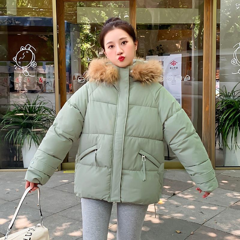 Women's Autumn Winter Hooded Solid Color Fur Collar Pocket Parka Zipper Loose Short Cotton Coat
