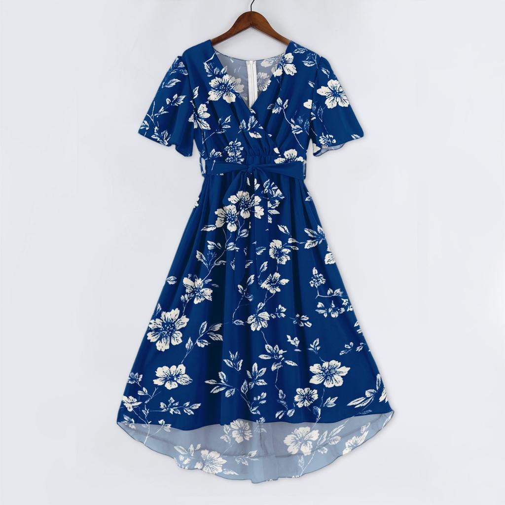 Women's Casual V Neck Short Sleeve Floral Print Dress Midi Length Lightweight Summer Dress with Elastic Waist and Flared Skirt