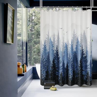 Blauw Mistig Bos Berg Natuur Boom Stof Douchegordijnen voor Badkamer Waterdicht Zware Kwaliteit Marineblauw Wit Douchegordijn