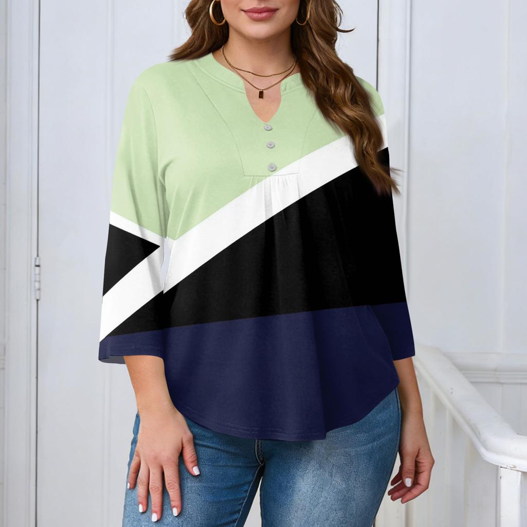 Women's Plus Size Fashionable Casual Loose Fit Three Quarter Sleeve Elegant Button Up V Neck Top