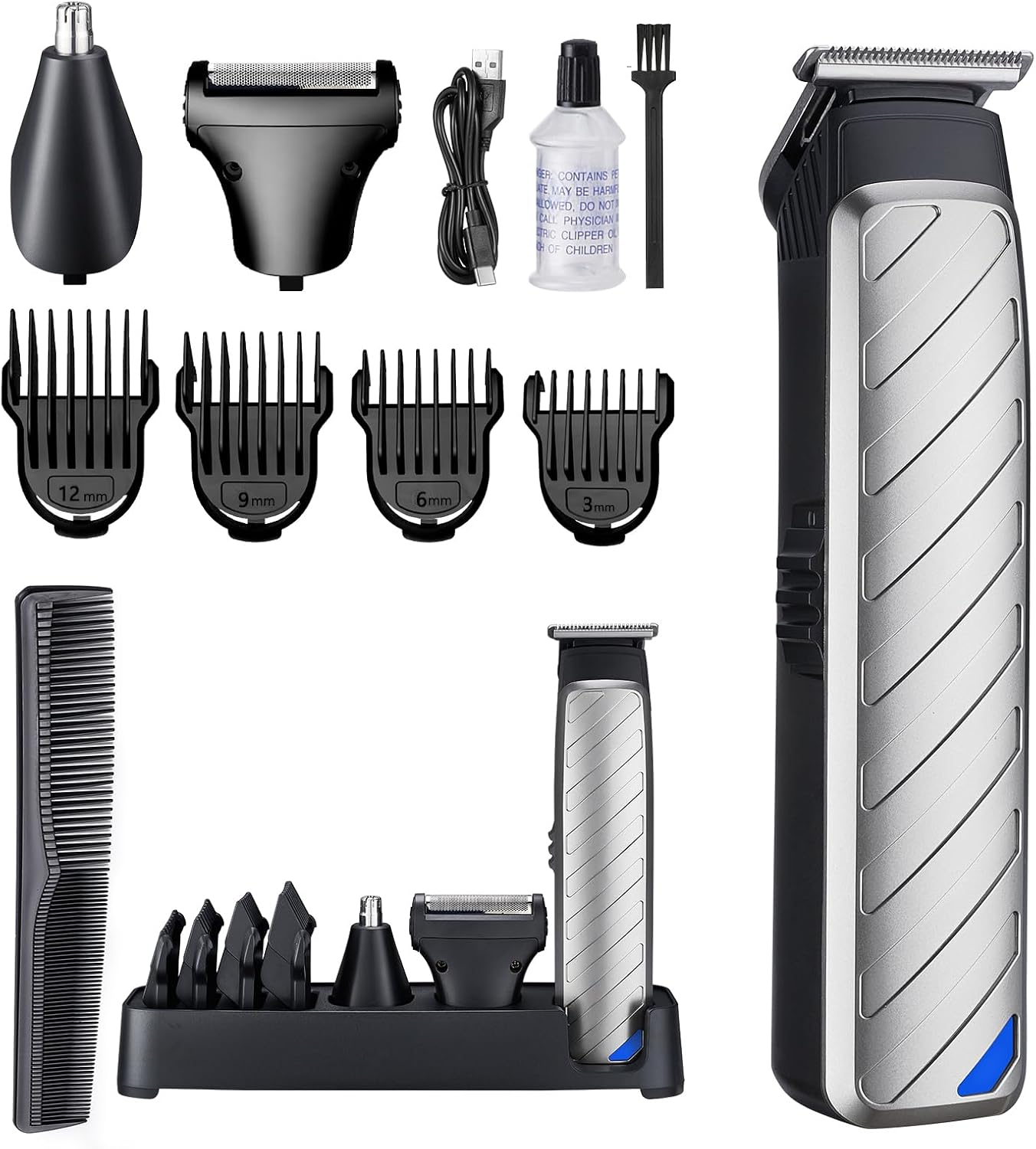 

Beard Trimmer for Men, 3-in-1 Grooming Kit, with Stainless Steel Heads, Nose/Body Trimmer & Storage Base, United States