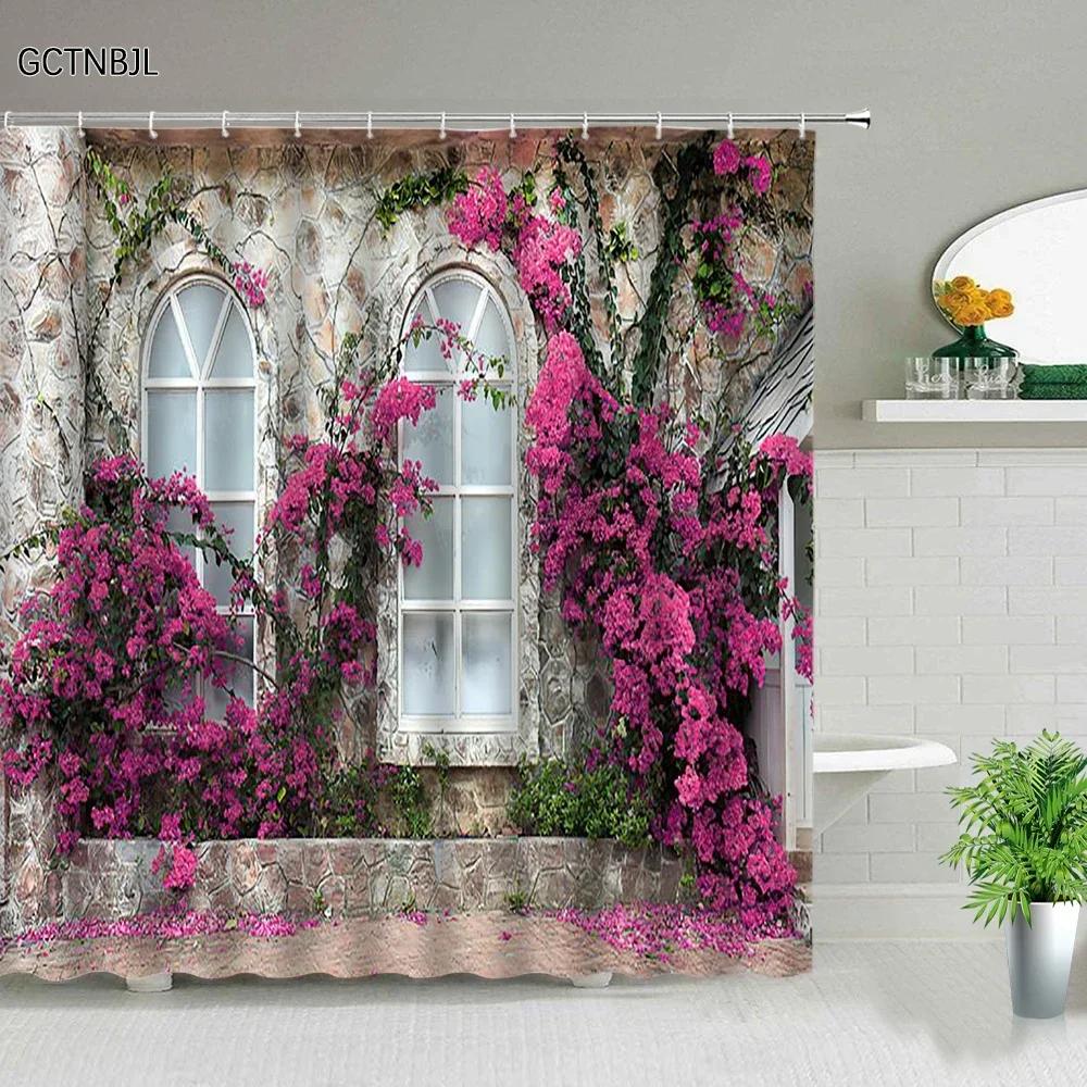 3D Europe Seaside Town Shower Curtain Flower Vine Courtyard Nature Scenery Polyester Fabric Home Decor Hook Bathroom Accessories
