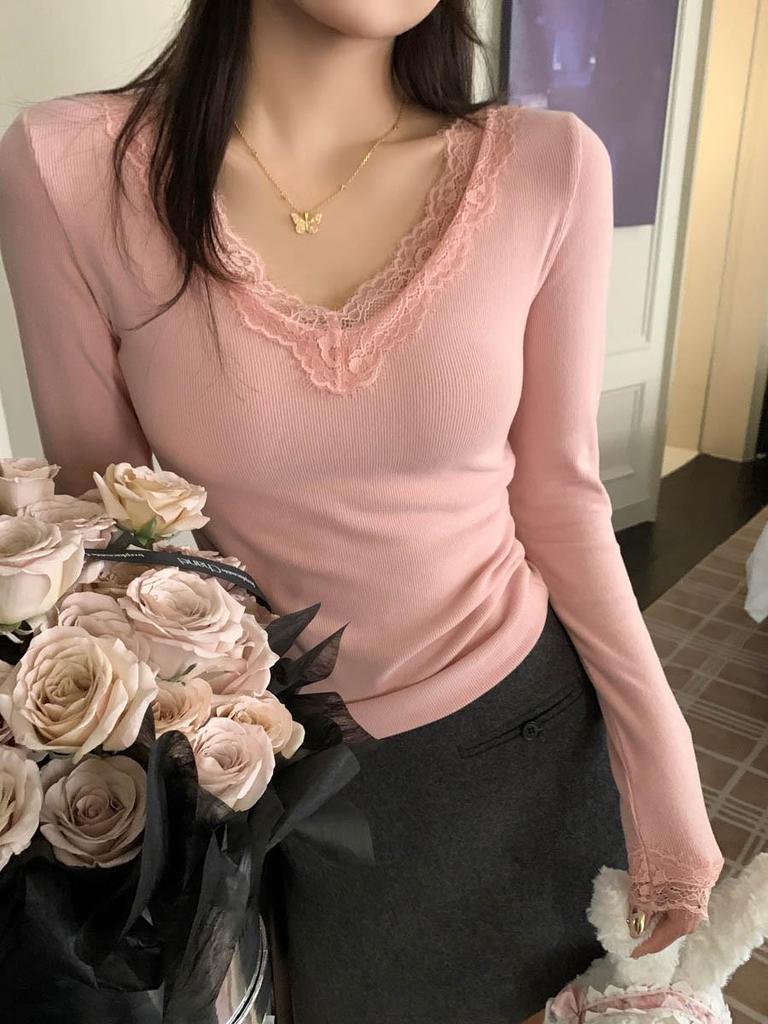 T-shirt à manches longues brossé à col en V pour femme, coupe slim, bordure en dentelle (Collection Automne Précoce 2025)