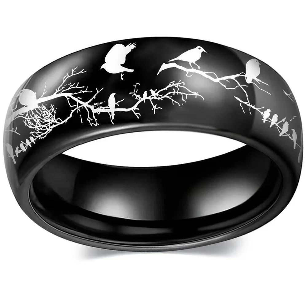 

8MM Fashion Bird And Tree Men Stainless Steel Jewelry Wedding Band Steel Rings Women Men Engagement Party Unisex Ring For Gift 13 чорний