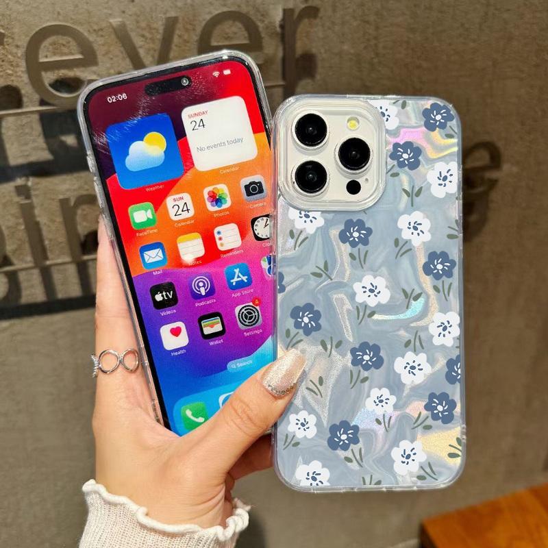 Simple Flower Pattern Luxury Glitter Case For iPhone 16 Pro Max 15 Pro 14 13 12 11 Slim Glossy Shockproof Hybrid PC TPU Clear Phone Cover