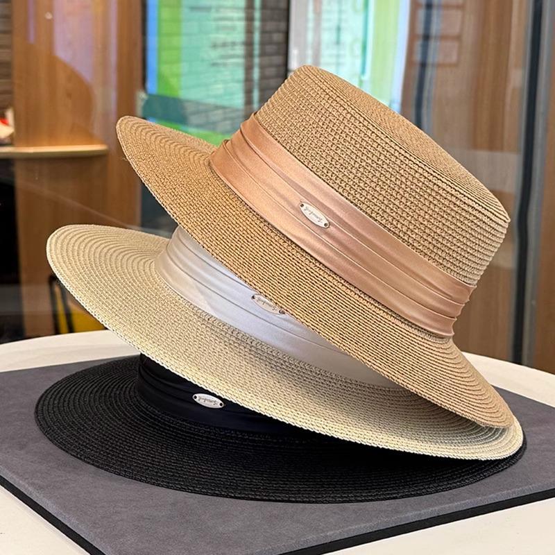 Celebrity Style Flat Top Straw Hat Women's Spring and Summer New Flat Top Top Hat Elegant Satin Temperament Straw Sun Hat