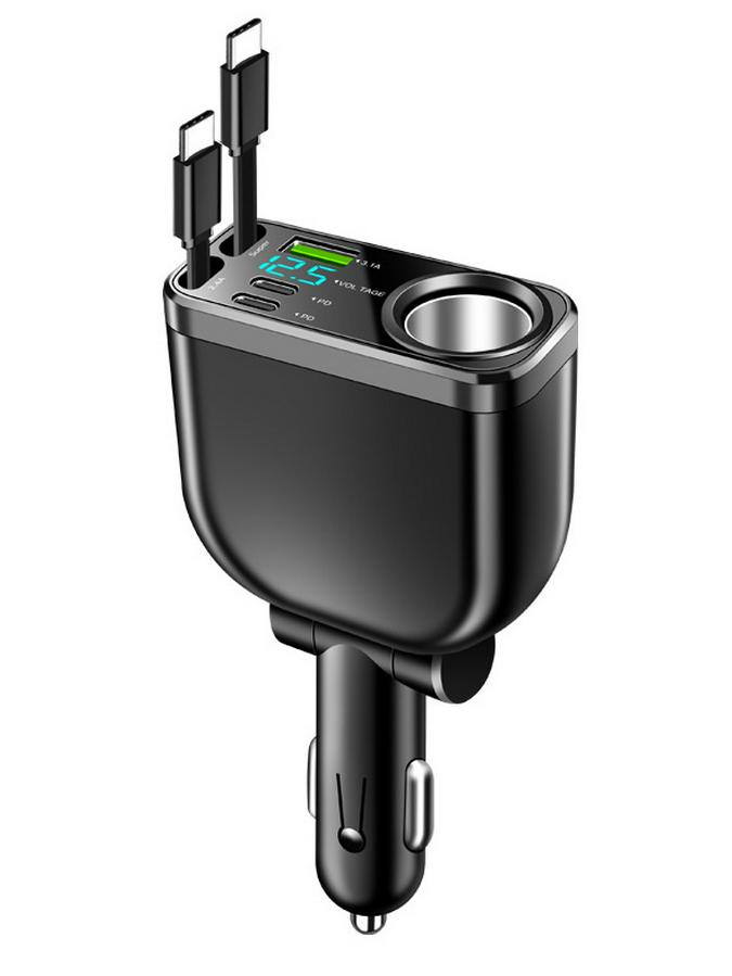 Five-in-One Car Charger with Digital Display and Retractable Cable, PD Fast Charging, and Cigarette Lighter Adapter