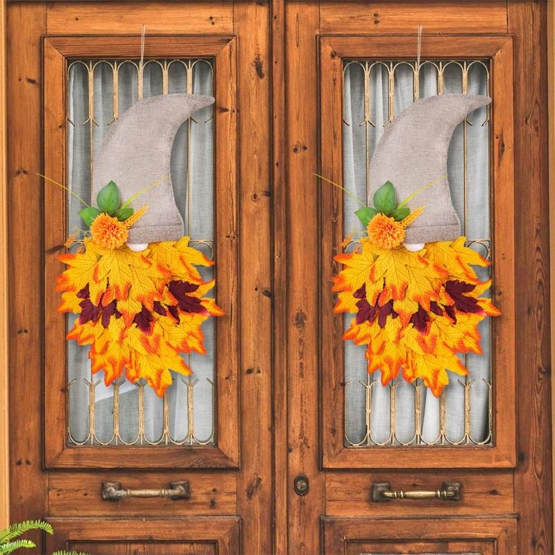 Harvest Gnomes Figure Maple Leaf Flower Fall Wreath Hanging Sign Ornament for Farmhouses Front Door Wall Decoration