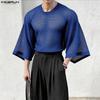 INCERUN Men Round Neck Long Sleeve Hollow Out Tops Mesh Sheer Shirts