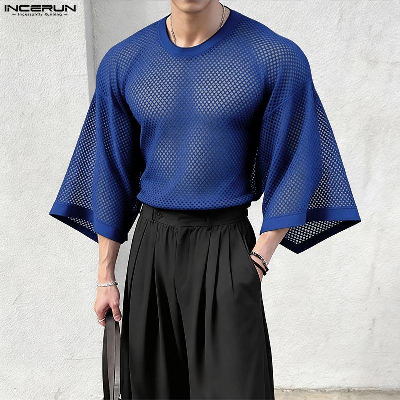 INCERUN Men Round Neck Long Sleeve Hollow Out Tops Mesh Sheer Shirts