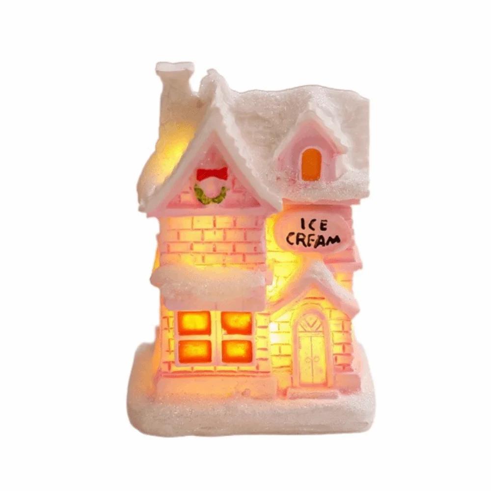 Resin Christmas Glowing Small House Luminous Cute Christmas House Ornament Pink Elegant Christmas Decorations Figurines