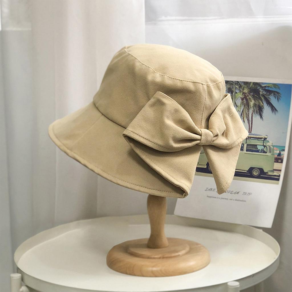 Outdoor Trendy Fisherman Hat with Bowknot Sun Protection Hepburn Style Bucket Caps for Women Fishing Camping Traveling