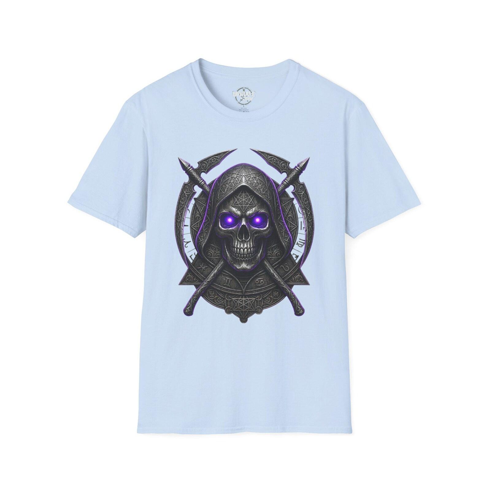 Reaper Skull with Purple Eyes T-Shirt Hooded Skull Crossed Scythes 3XL