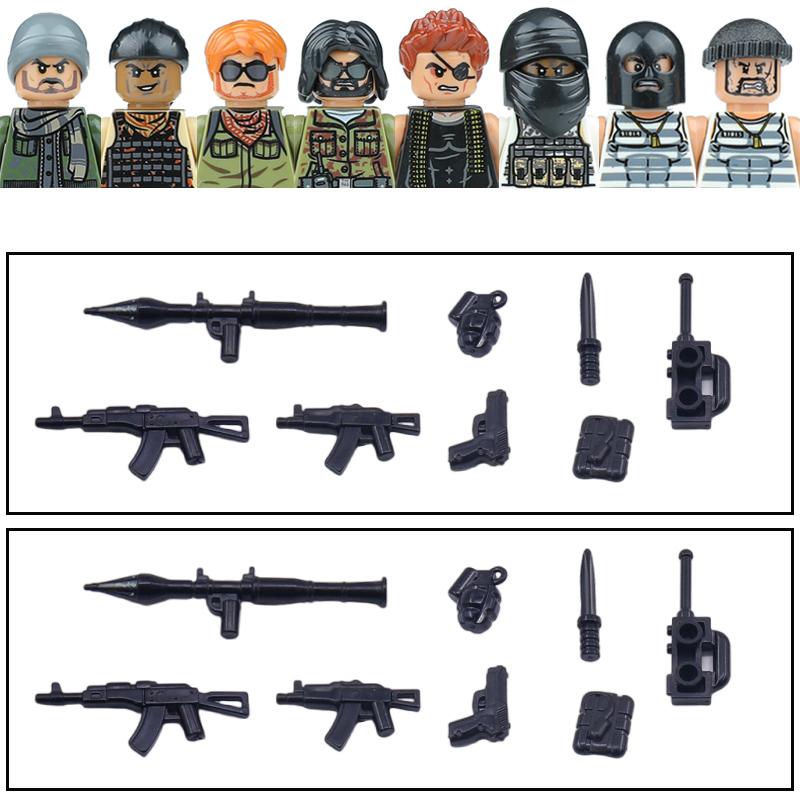 Non-Toxic City Accessories Moc Villain Gangster Figures Building Block Modern Soldier Mask Helmet Guns Bazooka Military Weapon Bricks Toys
