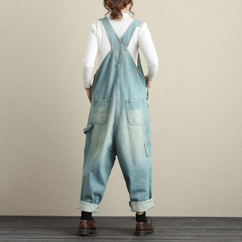 Worn Light-colored Sling Jeans Women's Casual Loose Denim Wide-leg Pants