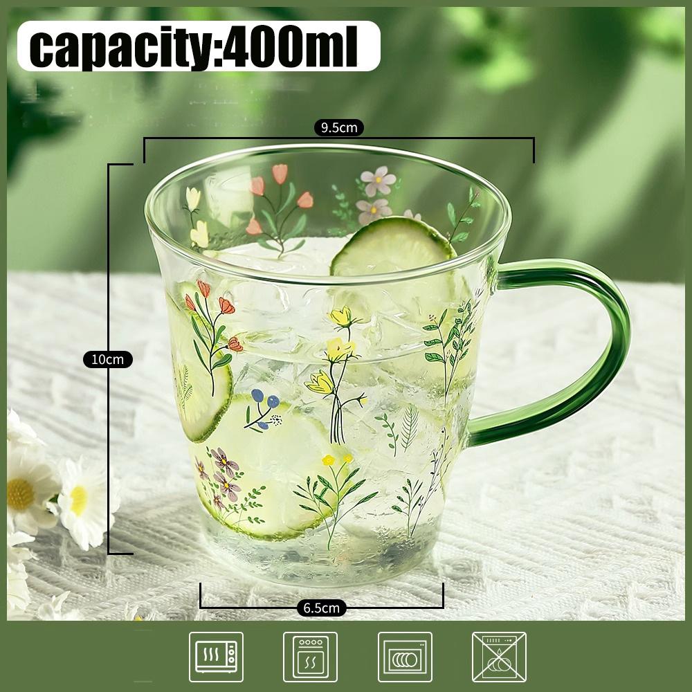 400ml Vintage Floral Glass Mug with Handle, Heat-Resistant Borosilicate Coffee Cup, Korean Style Drinkware for Tea, Latte, Juice