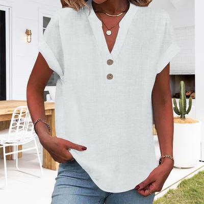 Women Shirt V Neck Button Cap Sleeve Tunic Tops Casual Classic Style Solid