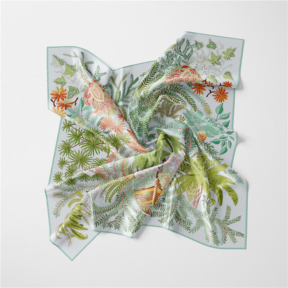 Silk Scarf Women Green Trees Print Square Scarves Wraps Bandana Small Hijab Foulards Lady Tie Headband Neckerchief