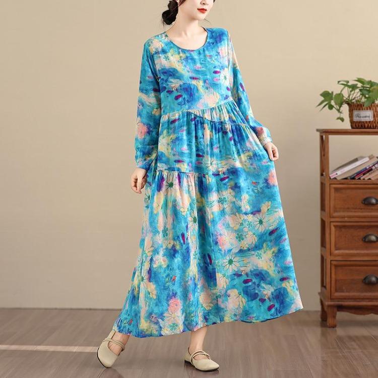 New Spring Oversize Long Sleeve Maxi Dress  Plus Size Women Loose Basic Vintage Floral