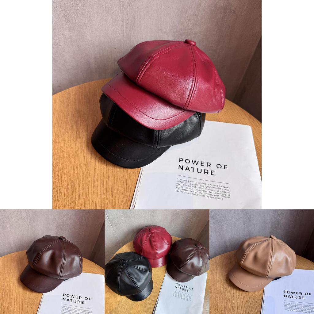 Retro Style Octagon Hat For Girls In Pu Leather With Sunshade And Breathability