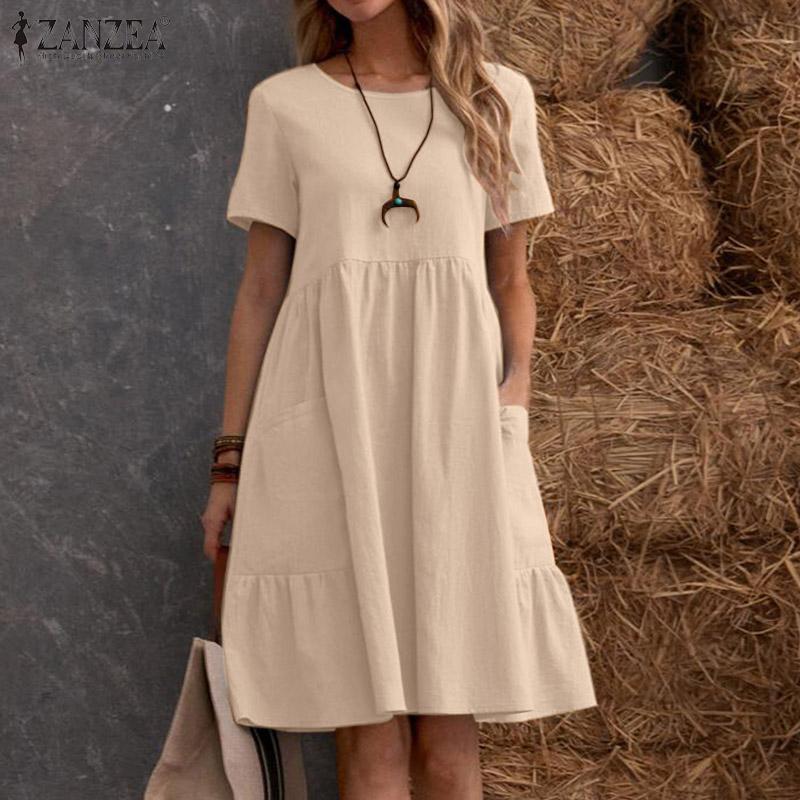 

ZANZEA Летнее женское свободное хлопковое платье длиной до колена с круглым вырезом и коротким рукавом