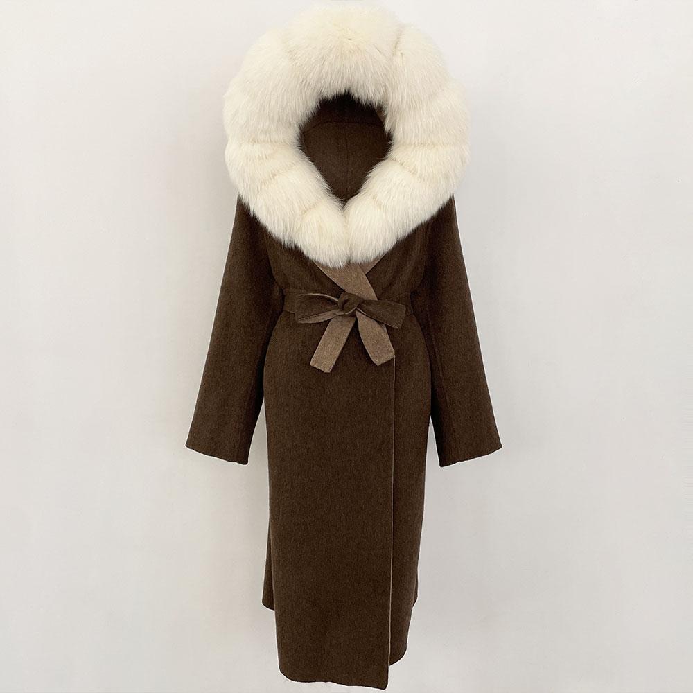 OFTBUY Winter Women Coat Real Natural Fox Fur Hooded Detachable Collar Double-faced Woolen Jacket Long Casual Elegant Overwears