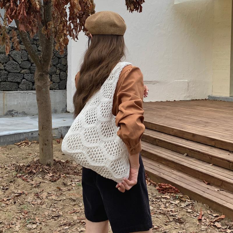 Polyester Knit Shoulder Bag for Women Diamond Hollow Out Woven Tote Purse Soft Handbag Casual Daily Commute Bag KTB